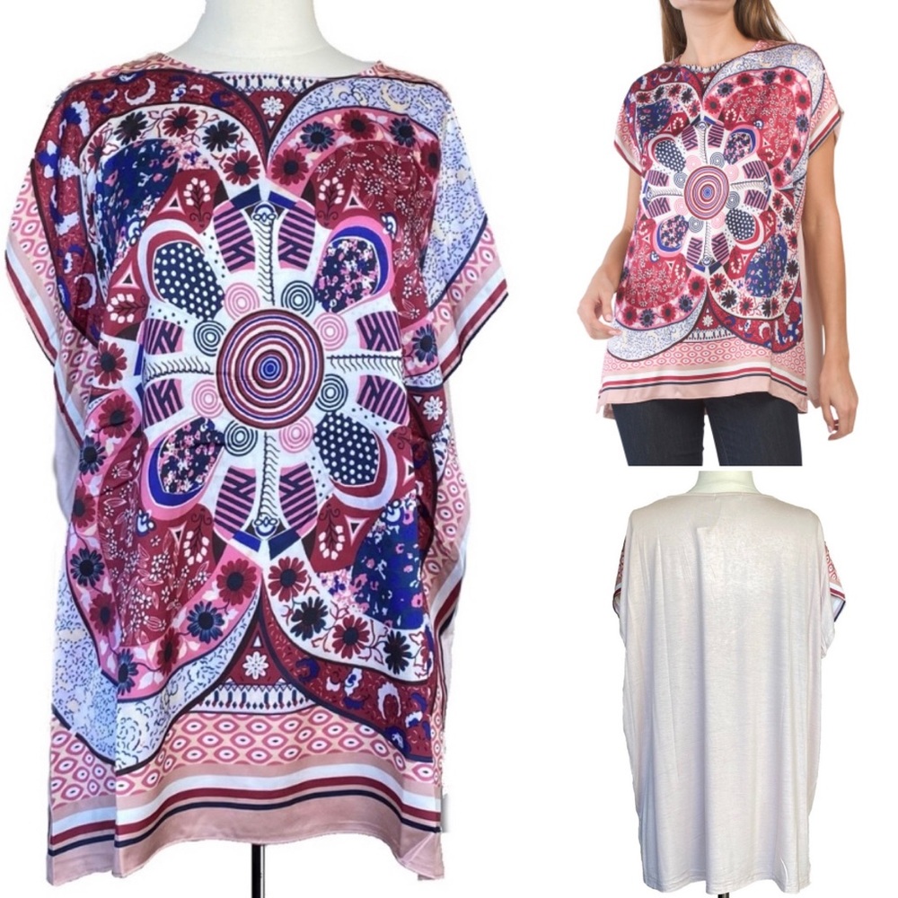 Paparazzi Abstract and Multicolored Print Cap Sleeve Knit Tunic. Size S